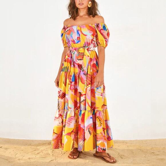 FARM Rio Neon Macaws Puff Sleeve Cotton Maxi Dress Size XS - Picture 1 of 8